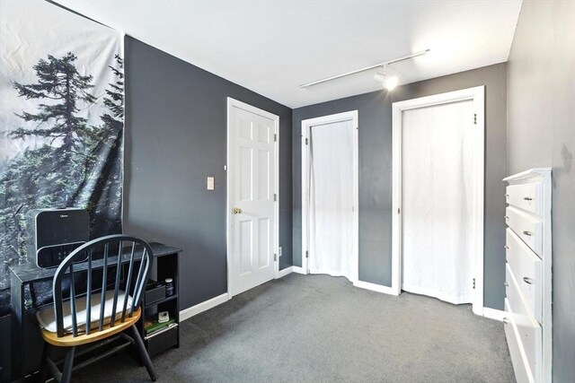 office featuring baseboards, rail lighting, and carpet