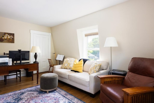 living room featuring wood finished floors and a desk