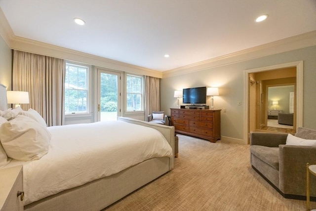 83 High Ridge Rd, Boxford, MA 01921 - bedroom featuring ornamental molding, light carpet, recessed lighting, and access to exterior