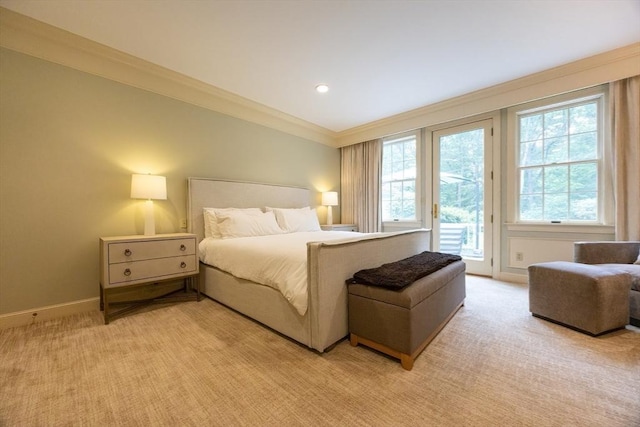 83 High Ridge Rd, Boxford, MA 01921 - bedroom featuring access to exterior, crown molding, light carpet, and recessed lighting