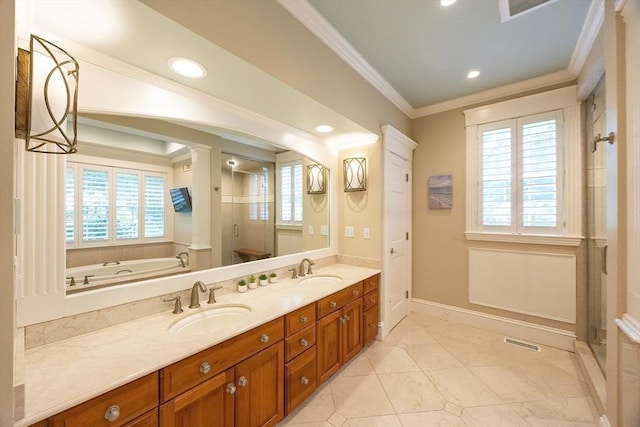 83 High Ridge Rd, Boxford, MA 01921 - full bath with ornamental molding, a shower stall, a bath, plenty of natural light, and recessed lighting