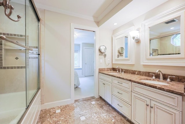 83 High Ridge Rd, Boxford, MA 01921 - ensuite bathroom with crown molding, double vanity, enclosed tub / shower combo, and recessed lighting