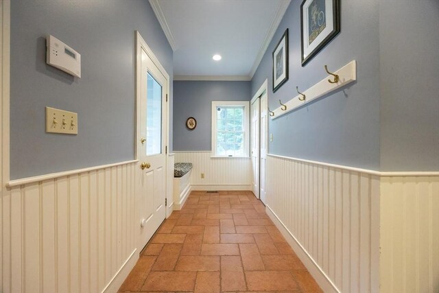 83 High Ridge Rd, Boxford, MA 01921 - corridor with wainscoting, brick floors, and crown molding