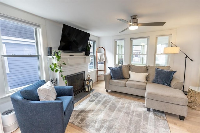 living area featuring ceiling fan, a fireplace with flush hearth, and light wood-type flooring