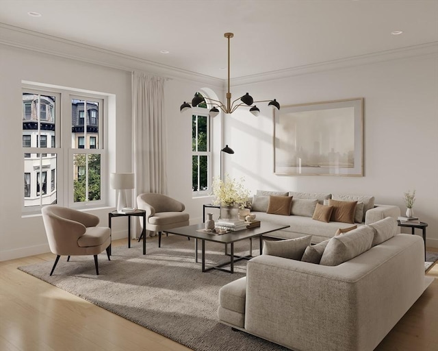 living room with a notable chandelier, recessed lighting, ornamental molding, wood finished floors, and baseboards