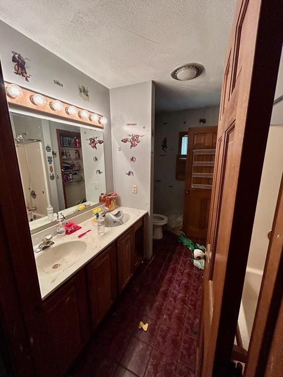 bathroom with vanity, toilet, a textured ceiling, and walk in shower