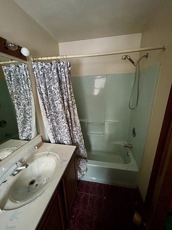 bathroom featuring vanity, tile patterned floors, and shower / bathtub combination with curtain