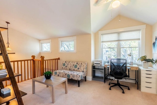 office with lofted ceiling, light carpet, and a ceiling fan