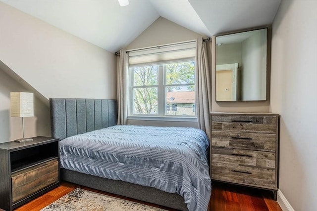 bedroom featuring wood finished floors and vaulted ceiling
