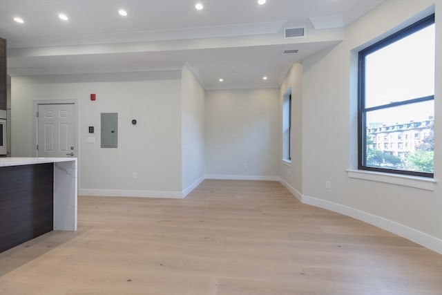 interior space with ornamental molding, electric panel, plenty of natural light, and light wood-type flooring