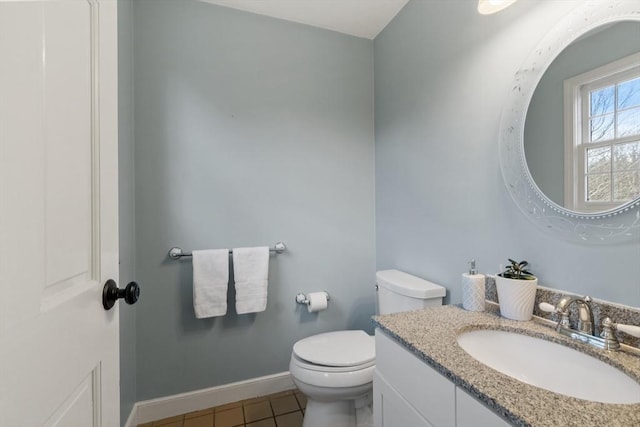 bathroom with vanity, tile patterned floors, toilet, and baseboards