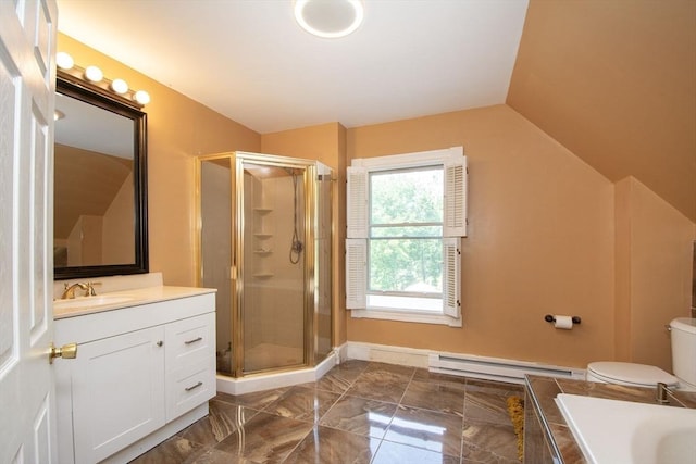 18 Morton St, Brockton, MA 02301 - full bath featuring a baseboard heating unit, vanity, marble tiled floors, a stall shower, and lofted ceiling