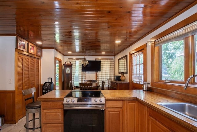 18 Morton St, Brockton, MA 02301 - kitchen with stainless steel range with electric stovetop, wooden ceiling, a peninsula, wood walls, and a wainscoted wall