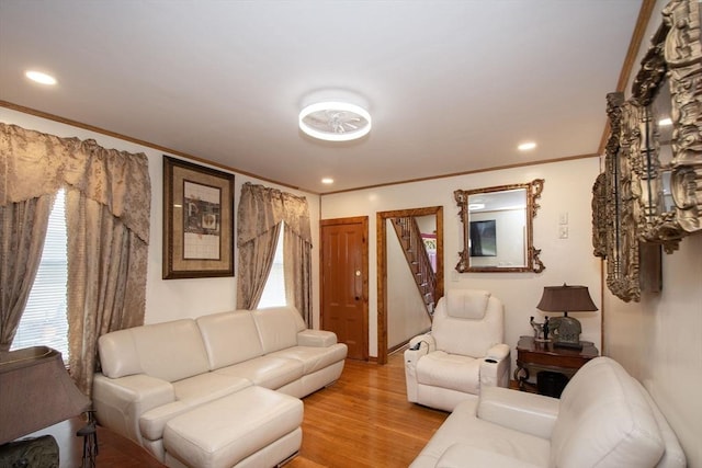 18 Morton St, Brockton, MA 02301 - living area featuring ornamental molding, light wood-style floors, and recessed lighting