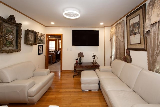 18 Morton St, Brockton, MA 02301 - living room with light wood-type flooring, recessed lighting, and ornamental molding