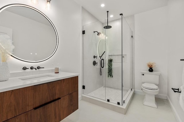 1 Cole Rd, Wayland, MA 01778 - bathroom with a shower stall, vanity, toilet, recessed lighting, and tile patterned floors