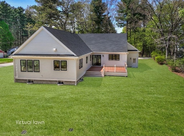 1 Cole Rd, Wayland, MA 01778 - rear view of property with a deck, a shingled roof, and a lawn