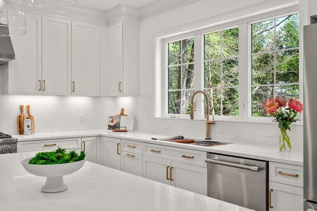 1 Cole Rd, Wayland, MA 01778 - kitchen with appliances with stainless steel finishes, a sink, light countertops, white cabinets, and backsplash
