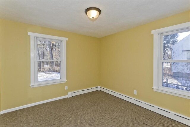 empty room featuring carpet floors, a wealth of natural light, and baseboard heating