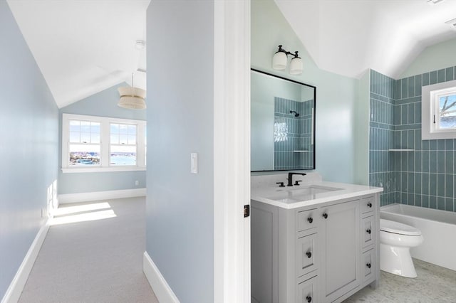 bathroom featuring vaulted ceiling, shower / bath combination, vanity, and toilet