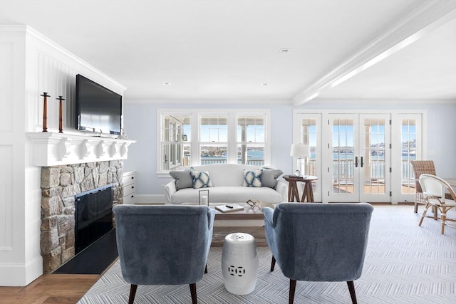 living area featuring ornamental molding, plenty of natural light, and a fireplace