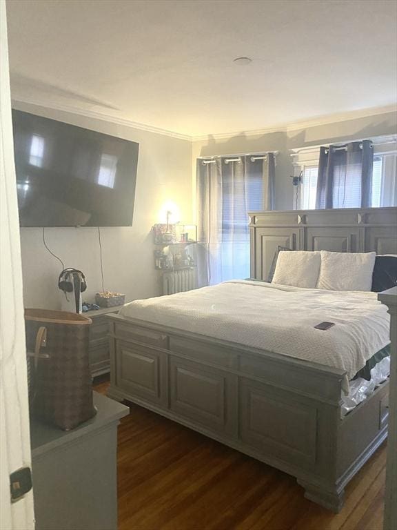 bedroom featuring radiator, crown molding, and dark wood-type flooring