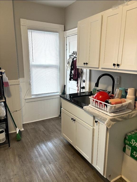 interior space featuring a sink, white cabinetry, wainscoting, dark wood-style floors, and dark countertops