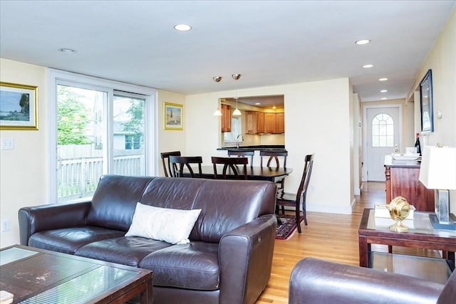 68 Walnut Rd, Swampscott, MA 01907 - living room featuring light wood finished floors, recessed lighting, and baseboards