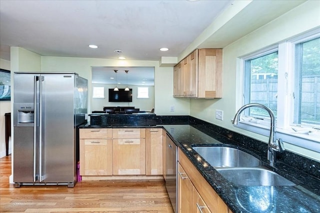 68 Walnut Rd, Swampscott, MA 01907 - kitchen featuring appliances with stainless steel finishes, a sink, light wood-style flooring, light brown cabinets, and recessed lighting