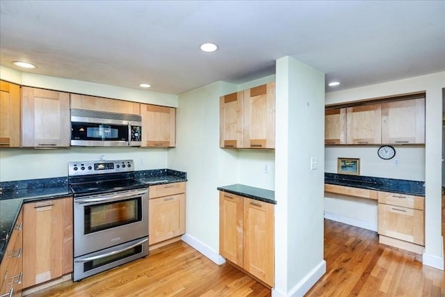 68 Walnut Rd, Swampscott, MA 01907 - kitchen with appliances with stainless steel finishes, light wood-style flooring, light brown cabinetry, recessed lighting, and baseboards