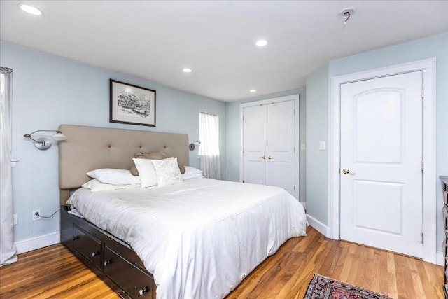 68 Walnut Rd, Swampscott, MA 01907 - bedroom featuring baseboards, wood finished floors, a closet, and recessed lighting
