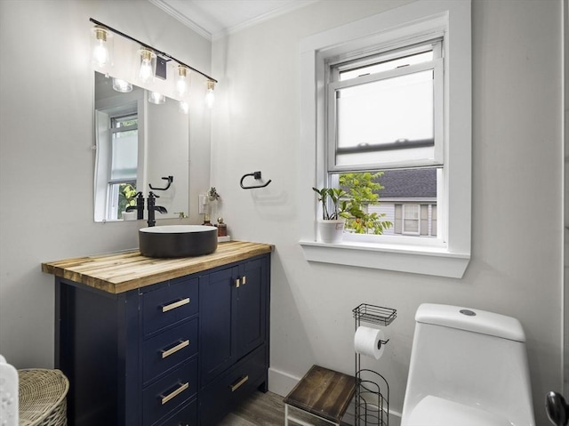 4 Darling St, Worcester, MA 01605 - bathroom with vanity, crown molding, toilet, and wood finished floors