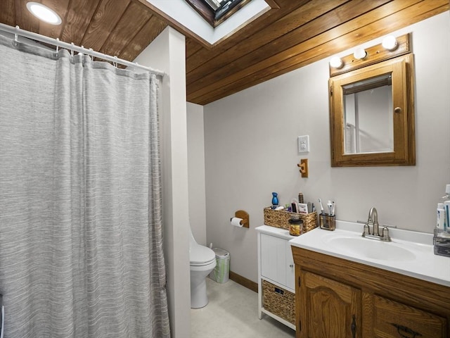 4 Darling St, Worcester, MA 01605 - full bathroom with wood ceiling, vanity, toilet, baseboards, and a shower with shower curtain