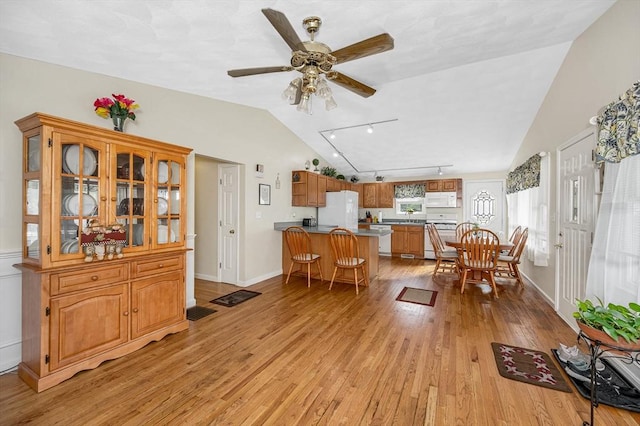 33 Hopkins St, Dracut, MA 01826 - living area with vaulted ceiling, light wood-style floors, a ceiling fan, and rail lighting