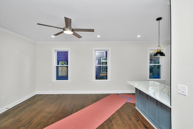 interior space featuring ceiling fan, dark hardwood / wood-style flooring, and ornamental molding