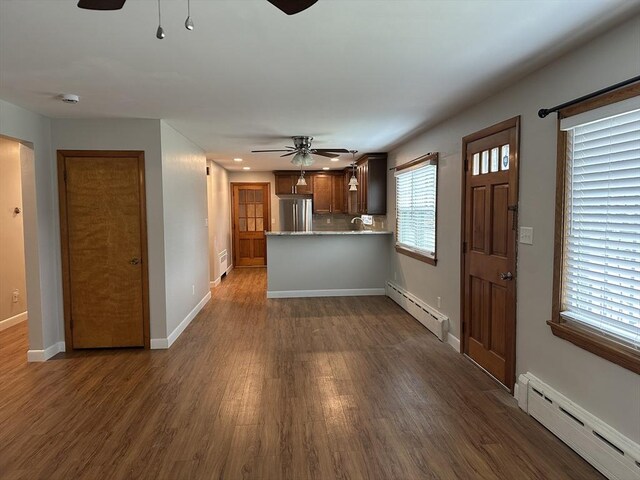 15 Evans, Somerset, MA 02726 - kitchen featuring a baseboard radiator, a ceiling fan, freestanding refrigerator, and recessed lighting