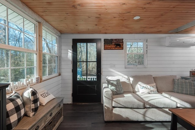 interior space with wooden ceiling and a wall mounted AC