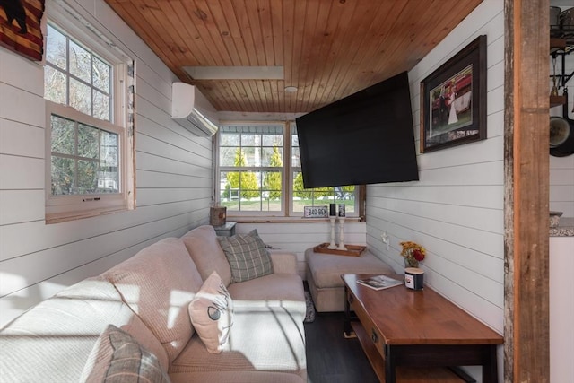 sunroom with wooden ceiling and a wall mounted air conditioner