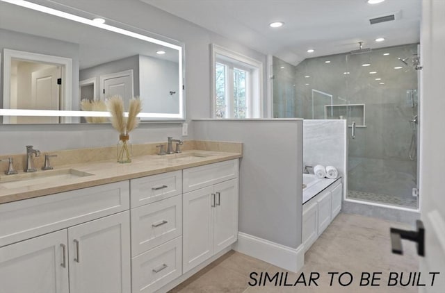 10 Webber Ave Unit 1A, Bedford, MA 01730 - full bath featuring a stall shower, a bath, double vanity, recessed lighting, and tile patterned flooring