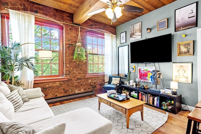 335 Cypress St Unit 2V, Manchester, NH 03103 - living area featuring a baseboard radiator, a wooden ceiling with exposed beams, wood finished floors, ceiling fan, and brick wall
