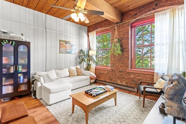 335 Cypress St Unit 2V, Manchester, NH 03103 - living area with a wood ceiling with exposed beams, wood finished floors, a baseboard heating unit, ceiling fan, and brick wall