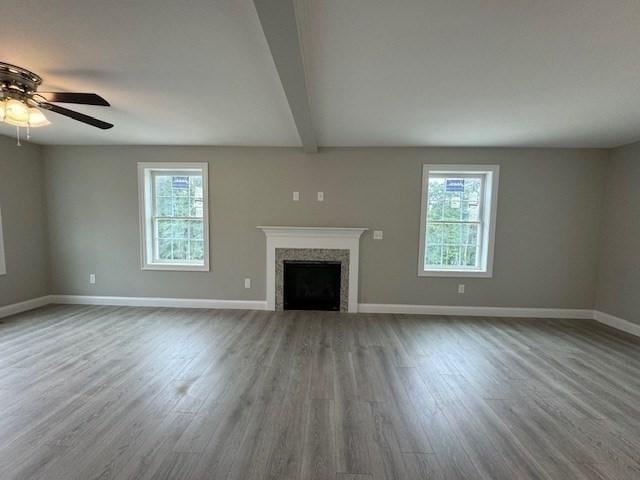 unfurnished living room featuring a healthy amount of sunlight, a fireplace, baseboards, and wood finished floors