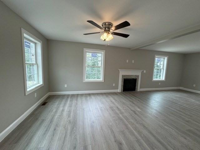 unfurnished living room with plenty of natural light, a fireplace, wood finished floors, and baseboards