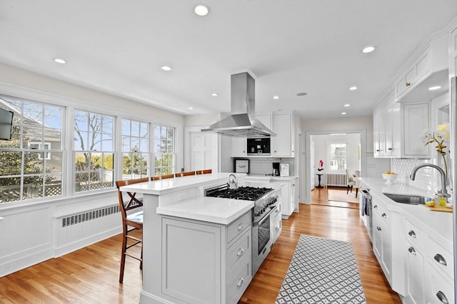 kitchen with radiator, island exhaust hood, high end range, and a sink