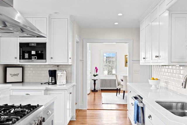 kitchen with range hood, radiator, stainless steel dishwasher, white cabinetry, and a sink