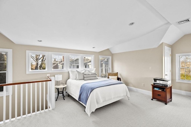 bedroom featuring carpet floors, lofted ceiling, recessed lighting, visible vents, and baseboards