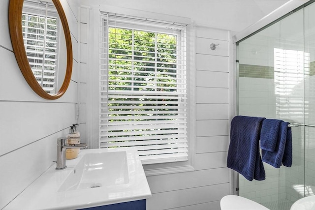 bathroom featuring vanity, a shower stall, and toilet