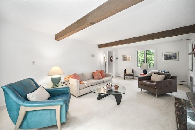 424 Sudbury St, Marlborough, MA 01752 - carpeted living room featuring a baseboard heating unit and beam ceiling