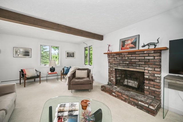 424 Sudbury St, Marlborough, MA 01752 - living area featuring carpet, beamed ceiling, a baseboard heating unit, a textured ceiling, and a fireplace