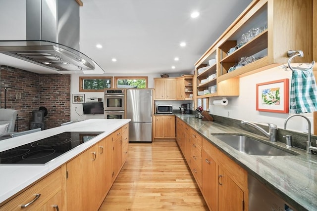 424 Sudbury St, Marlborough, MA 01752 - kitchen featuring appliances with stainless steel finishes, island range hood, open shelves, a sink, and light wood-style floors